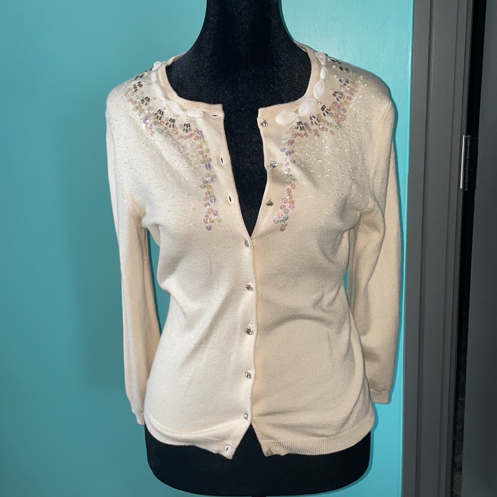Vintage Express button up sweater holiday sequins beads rhinestones cream small